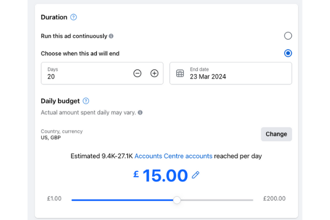 select the budget of your facebook campaign